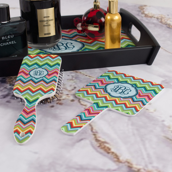 Retro Chevron Monogram Hair Brush and Hand Mirror - Bathroom Scene