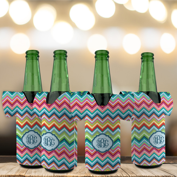 Retro Chevron Monogram Jersey Bottle Cooler - Set of 4 - LIFESTYLE