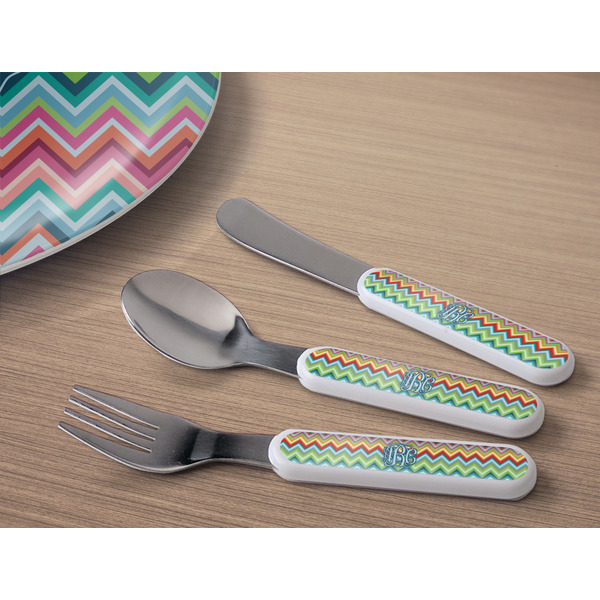 Retro Chevron Monogram Kids Flatware w/ Plate