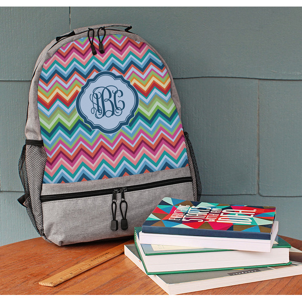 Retro Chevron Monogram Large Backpack - Gray - On Desk