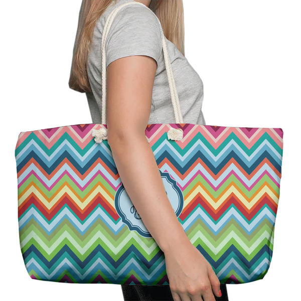 Retro Chevron Monogram Large Rope Tote Bag - In Context View