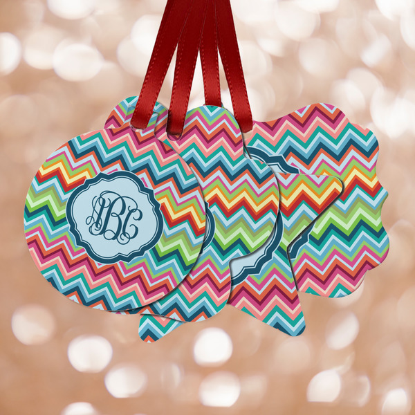 Custom Retro Chevron Monogram Metal Ornaments - Double Sided
