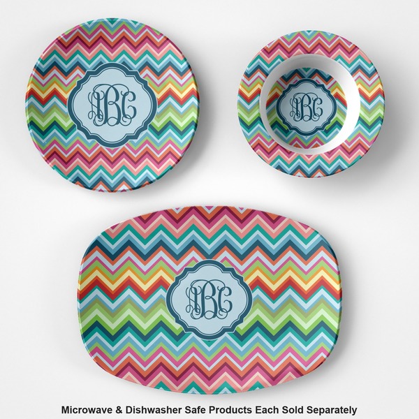 Retro Chevron Monogram Microwave & Dishwasher Safe CP Plastic Dishware - Group