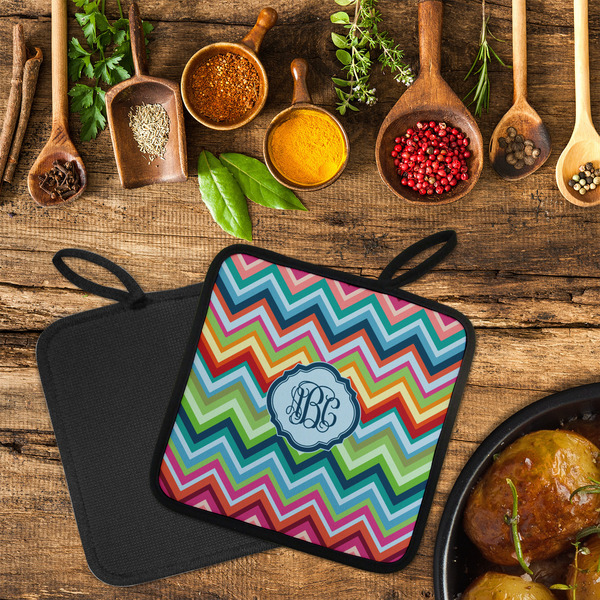 Retro Chevron Monogram Neoprene Pot Holder - Set of 2  LIFESTYLE (Flatlay)