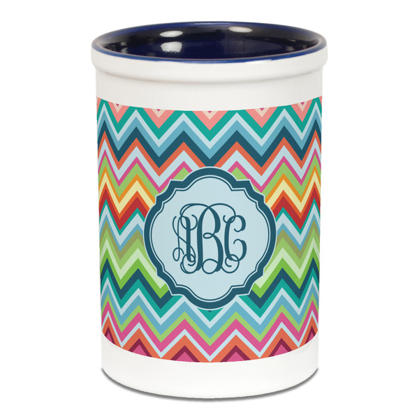 Retro Chevron Monogram Pencil Holder - Blue
