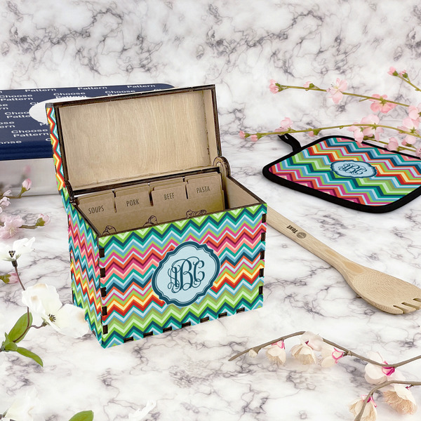 Retro Chevron Monogram Recipe Box - Full Color - In Context