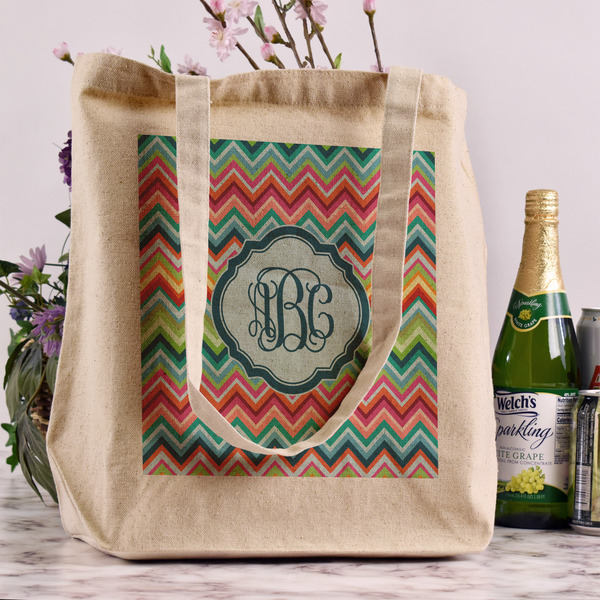 Retro Chevron Monogram Reusable Cotton Grocery Bag - In Context