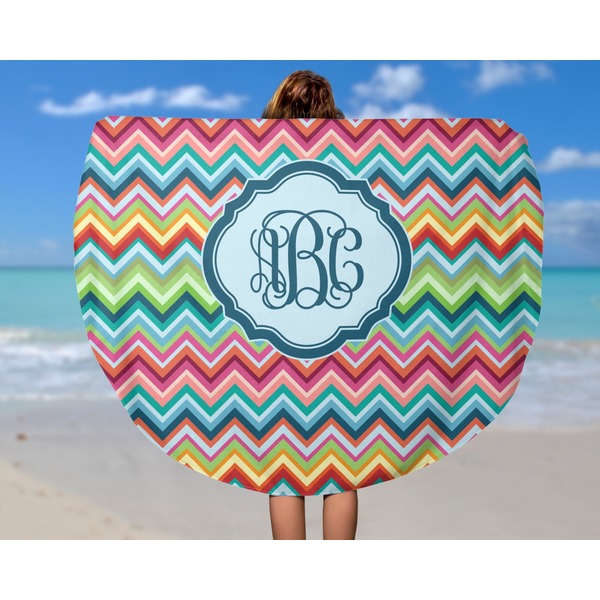 Retro Chevron Monogram Round Beach Towel - In Use