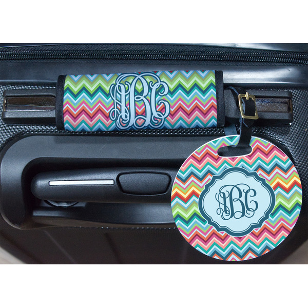 Retro Chevron Monogram Round Luggage Tag & Handle Wrap - In Context