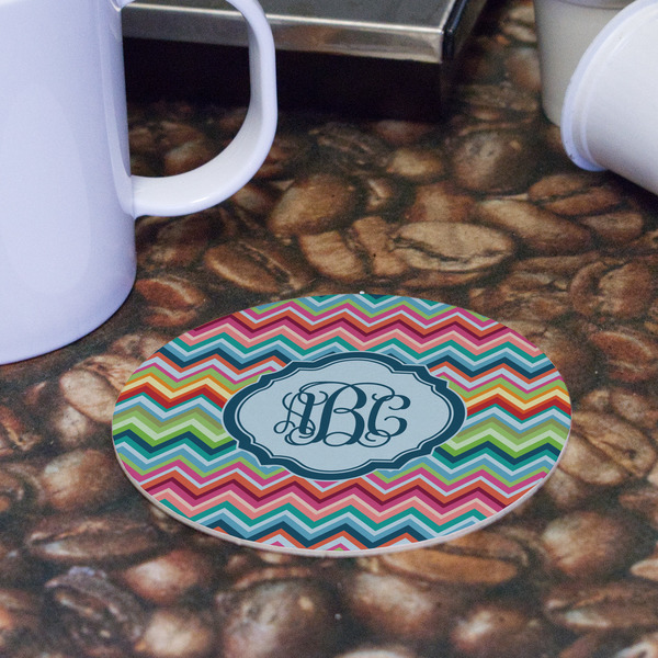 Retro Chevron Monogram Round Paper Coaster - Front