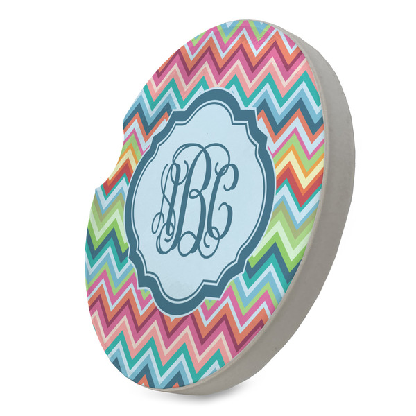 Retro Chevron Monogram Sandstone Car Coaster - STANDING ANGLE