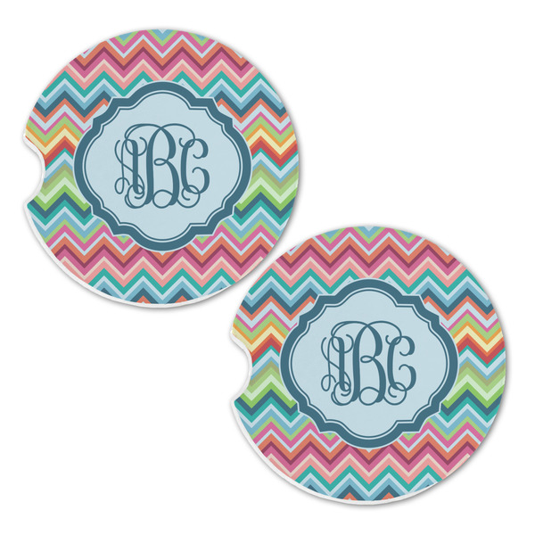 Retro Chevron Monogram Sandstone Car Coasters - Set of 2