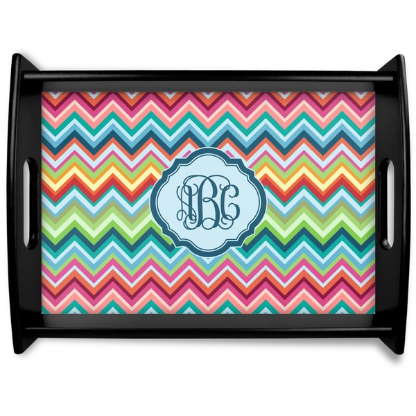Custom Retro Chevron Monogram Black Wooden Tray - Large (Personalized)