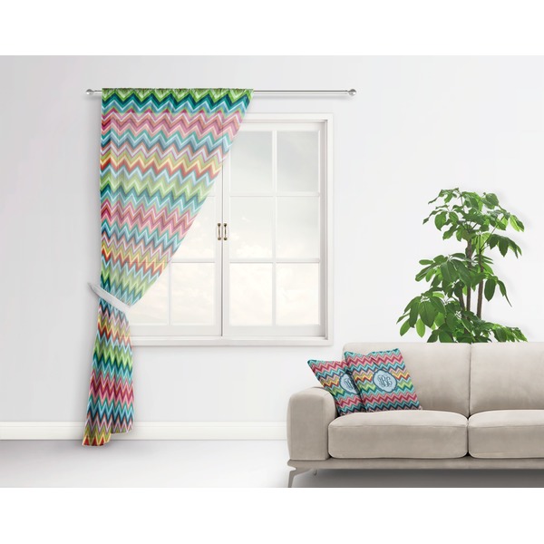 Retro Chevron Monogram Sheer Curtain With Window and Rod - in Room Matching Pillow
