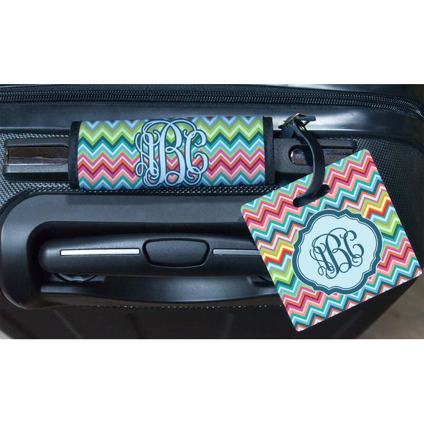 Retro Chevron Monogram Square Luggage Tag & Handle Wrap - In Context