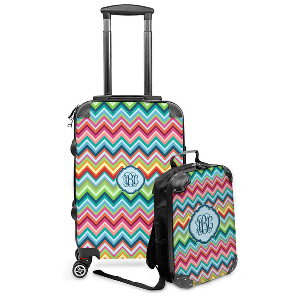 Custom Retro Chevron Monogram Kids 2-Piece Luggage Set - Suitcase & Backpack