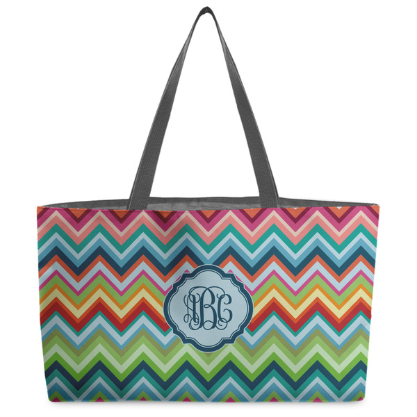Custom Retro Chevron Monogram Beach Totes Bag - w/ Black Handles
