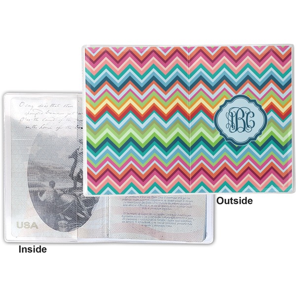 Retro Chevron Monogram Vinyl Passport Holder - Flat Front and Back