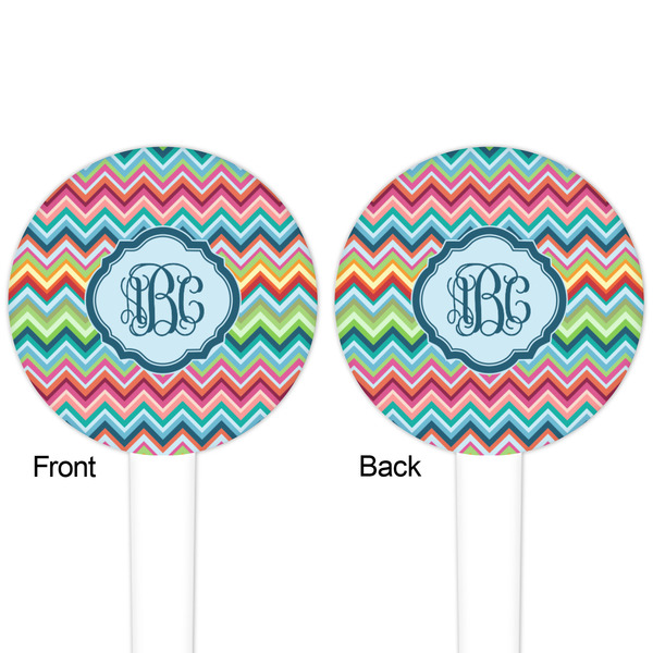 Retro Chevron Monogram White Plastic 4" Food Pick - Round - Double Sided - Front & Back