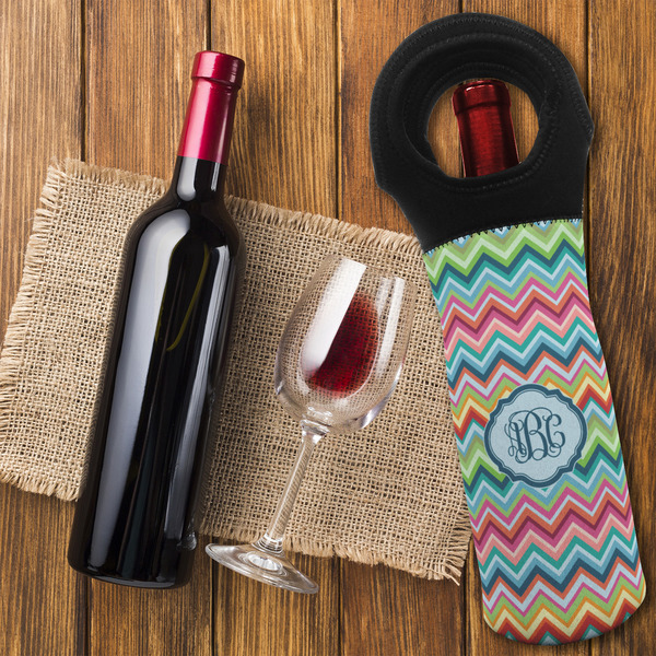 Retro Chevron Monogram Wine Tote Bag - FLATLAY