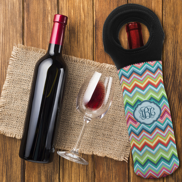 Retro Chevron Monogram Wine Tote Bag - FLATLAY