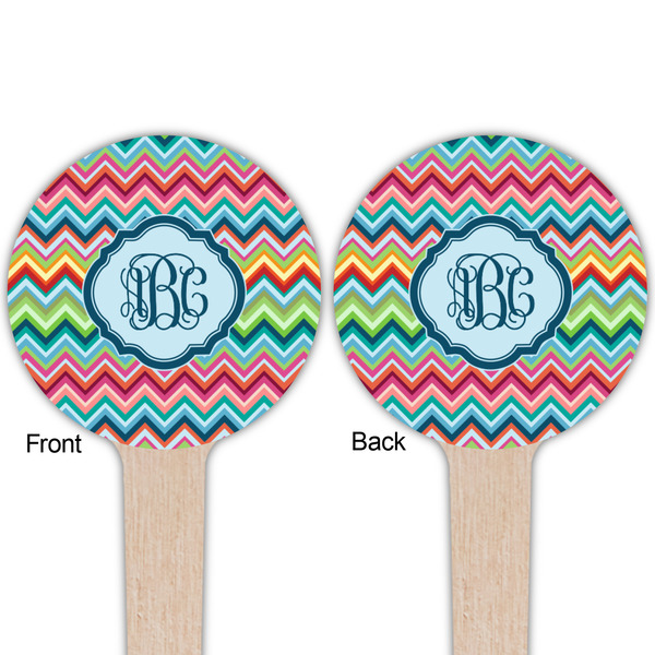 Retro Chevron Monogram Wooden 4" Food Pick - Round - Double Sided - Front & Back