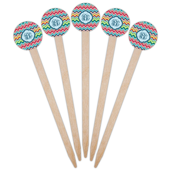 Retro Chevron Monogram Wooden 6" Food Pick - Round - Fan View