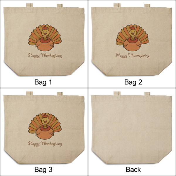 Thanksgiving 3 Reusable Cotton Grocery Bags - Front & Back View
