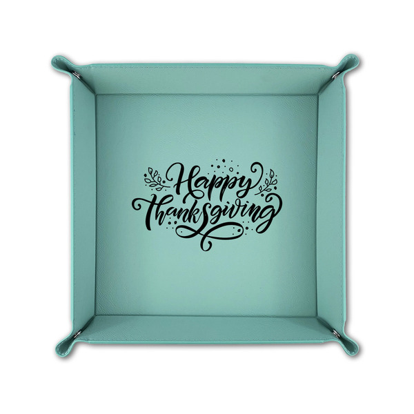 Thanksgiving 6" x 6" Teal Leatherette Snap Up Tray - FOLDED UP