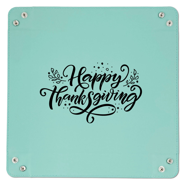 Thanksgiving 9" x 9" Teal Leatherette Snap Up Tray - APPROVAL