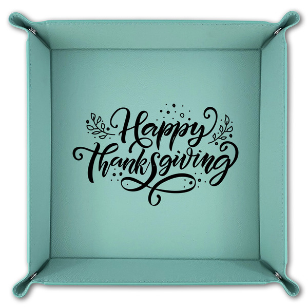 Thanksgiving 9" x 9" Teal Leatherette Snap Up Tray - FOLDED
