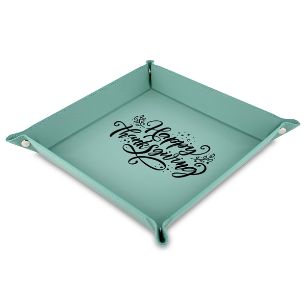 Custom Thanksgiving 9" x 9" Teal Faux Leather Valet Tray