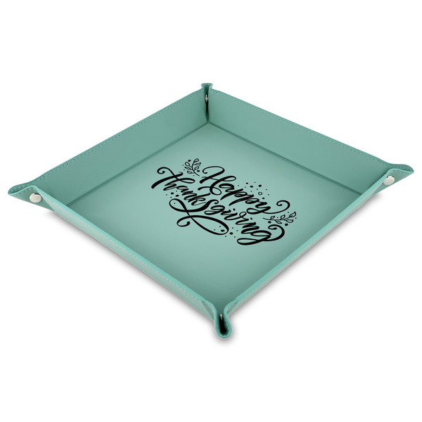 Custom Thanksgiving Faux Leather Dice Tray - 9" x 9"  - Teal