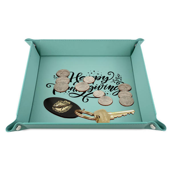 Thanksgiving 9" x 9" Teal Leatherette Snap Up Tray - STYLED