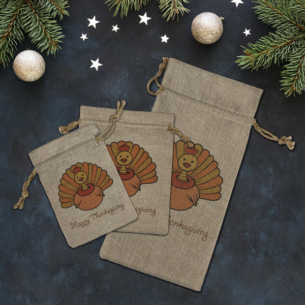 Thanksgiving Burlap Gift Bags - LIFESTYLE (Flat lay)