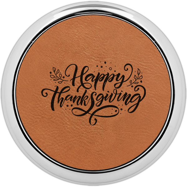 Custom Thanksgiving Set of 4 Leatherette Round Coasters w/ Silver Edge