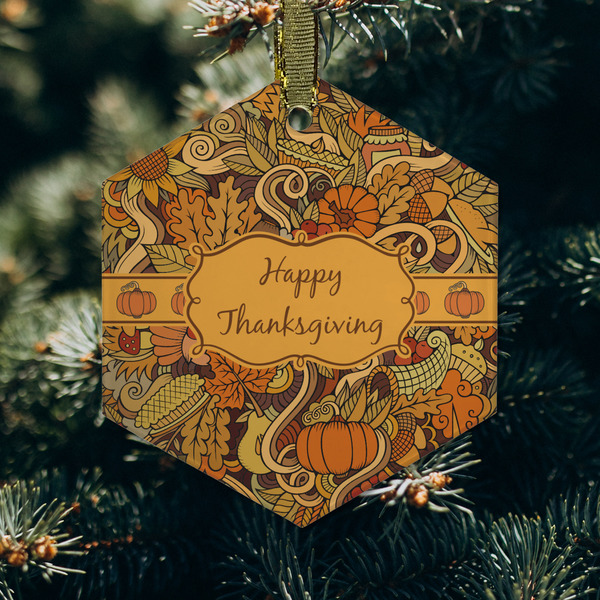 Thanksgiving Frosted Glass Ornament - Hexagon (Lifestyle)
