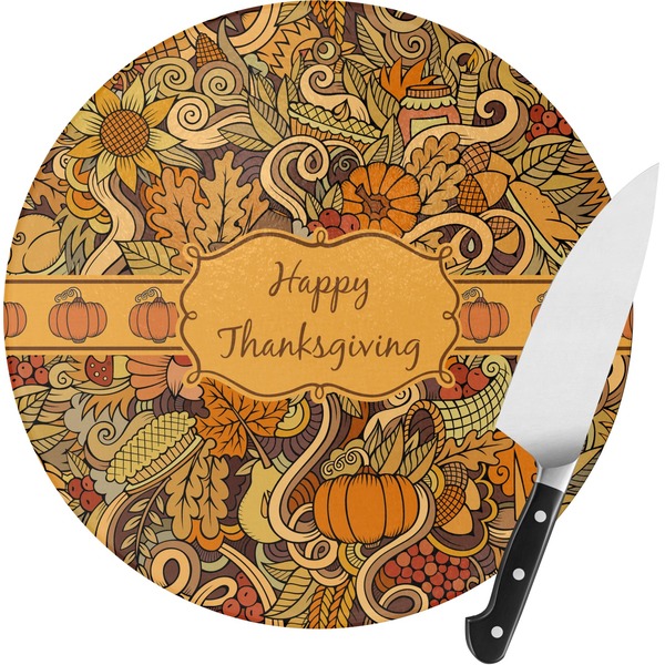 Custom Thanksgiving Round Glass Cutting Board - Medium (Personalized)