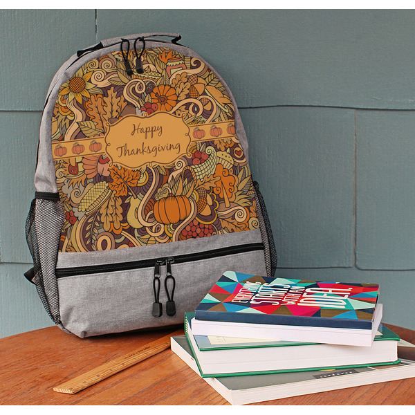 Thanksgiving Large Backpack - Gray - On Desk
