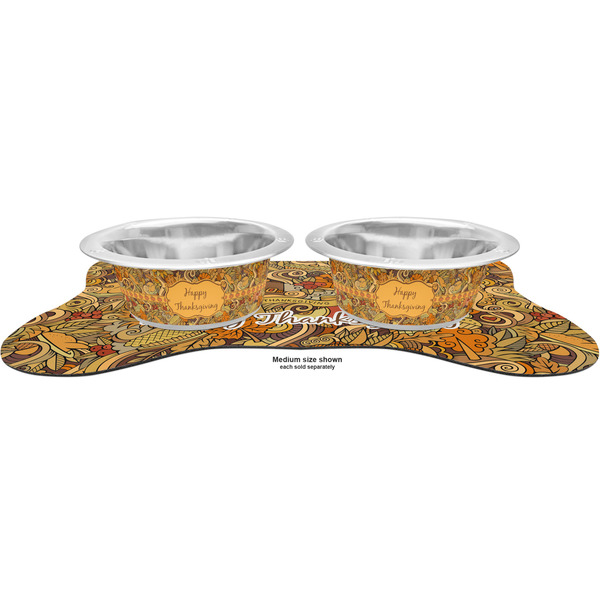 Thanksgiving Metal Pet Bowls - On Dog Bone Shaped Mat