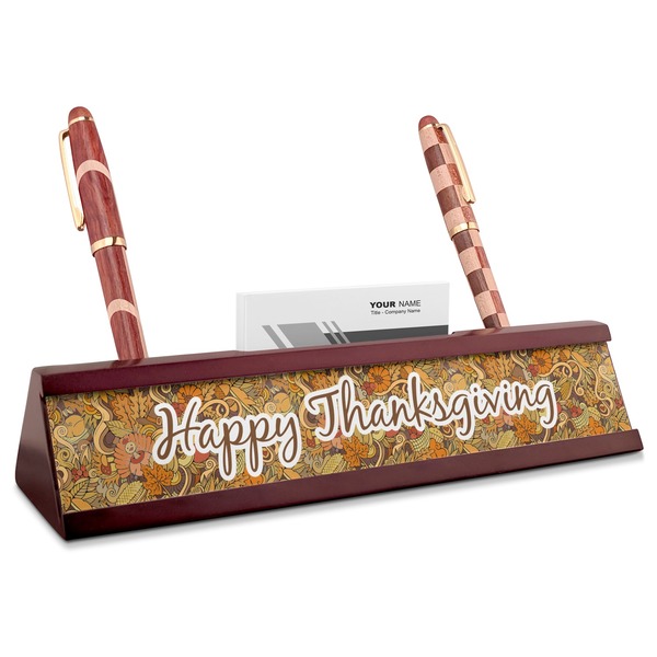 Custom Thanksgiving Red Mahogany Nameplate with Business Card Holder (Personalized)