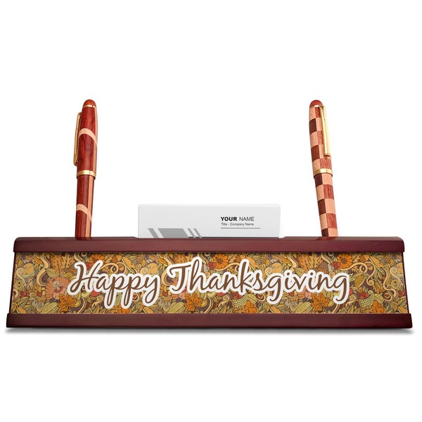 Thanksgiving Red Mahogany Nameplates with Business Card Holder - Straight