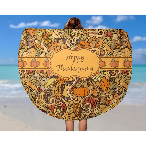 Thanksgiving Round Beach Towel - In Use