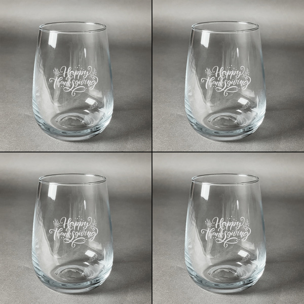 Thanksgiving Set of Four Personalized Stemless Wineglasses (Approval)