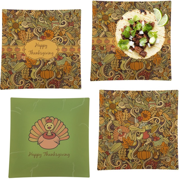 Custom Thanksgiving Set of 4 Glass Square Lunch / Dinner Plate 9.5" (Personalized)