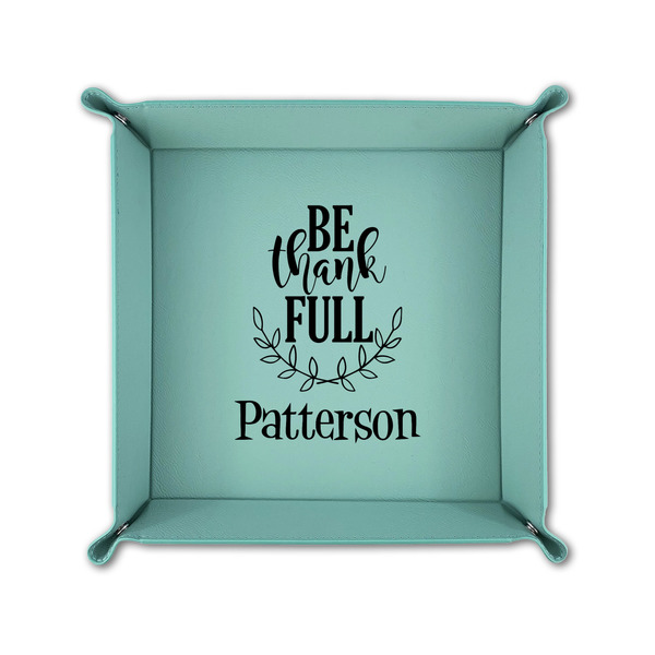 Traditional Thanksgiving 6" x 6" Teal Leatherette Snap Up Tray - FOLDED UP