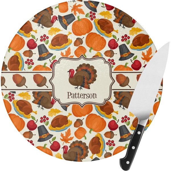 Custom Traditional Thanksgiving Round Glass Cutting Board - Small (Personalized)