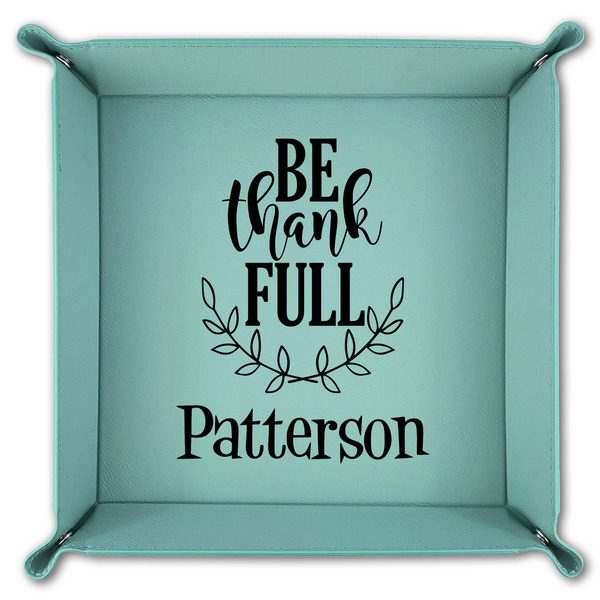 Traditional Thanksgiving 9" x 9" Teal Leatherette Snap Up Tray - FOLDED