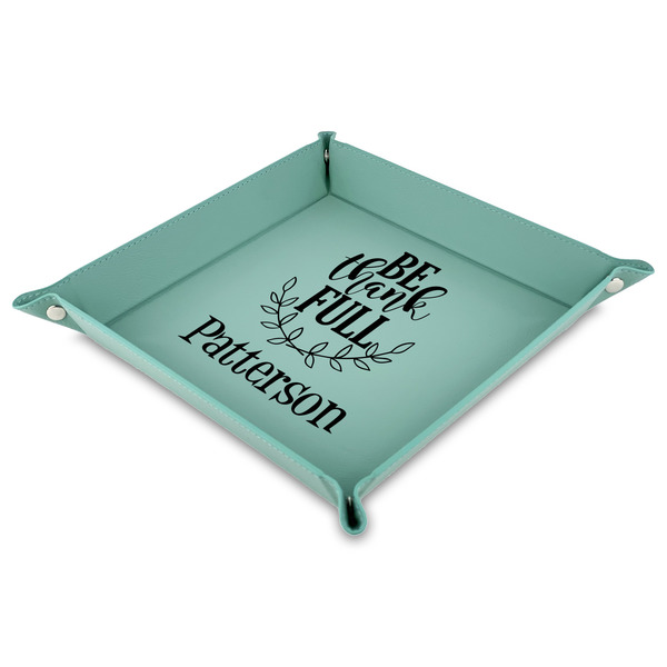 Custom Traditional Thanksgiving 9" x 9" Teal Faux Leather Valet Tray (Personalized)