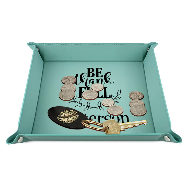 Traditional Thanksgiving 9" x 9" Teal Leatherette Snap Up Tray - STYLED
